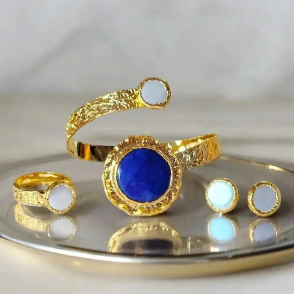 🆕️Handcrafted Turkish 18K Gold Plated Brass Sapphire Jewelry Set - Adjustable - Picture 4 of 10